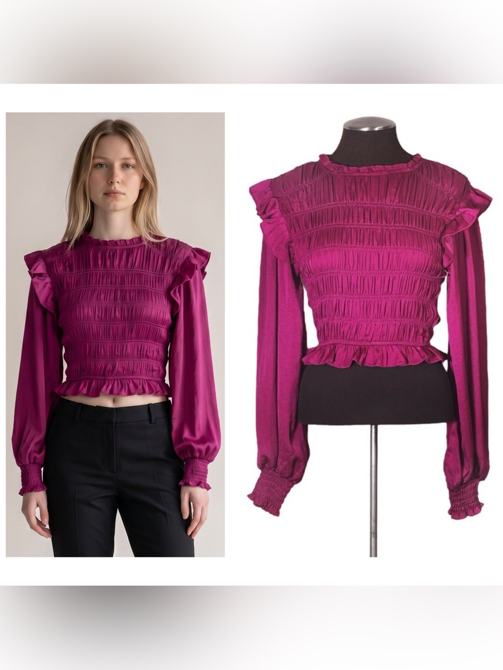 GLAM – Magenta Smocked Long Sleeve Crop Top – Small – NWOT